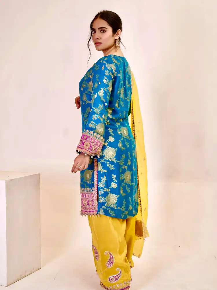 Teal Blue Embroidered Kurti with Patiala Salwar Set thumbnail 3