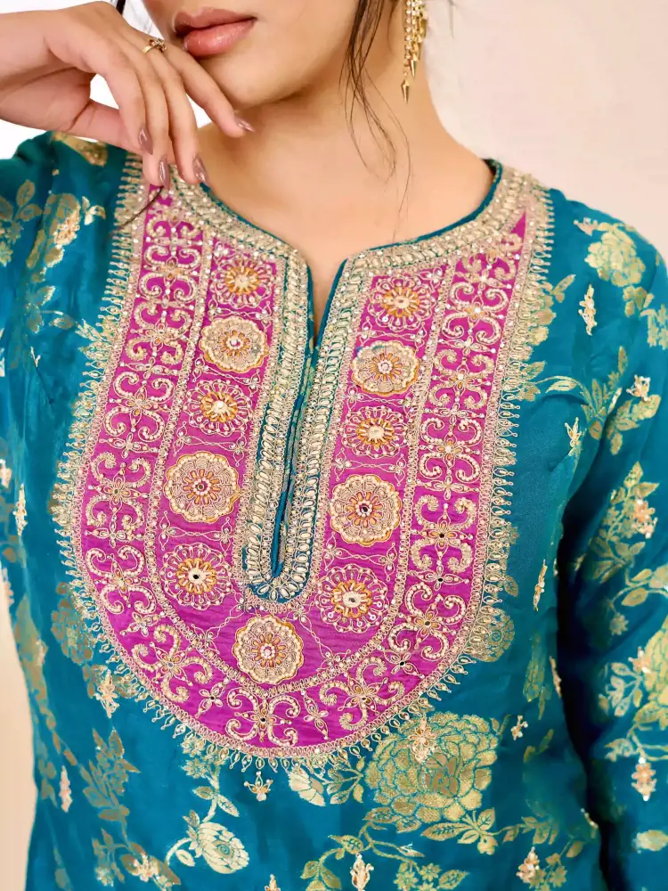 Teal Blue Embroidered Kurti with Patiala Salwar Set thumbnail 4