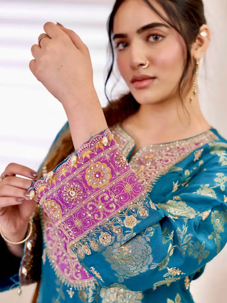 Teal Blue Embroidered Kurti with Patiala Salwar Set thumbnail 6