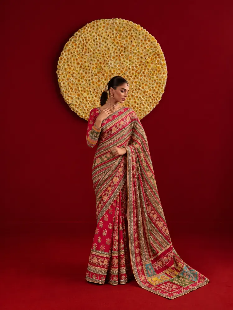 Multicolour Chinon Festive Saree-1