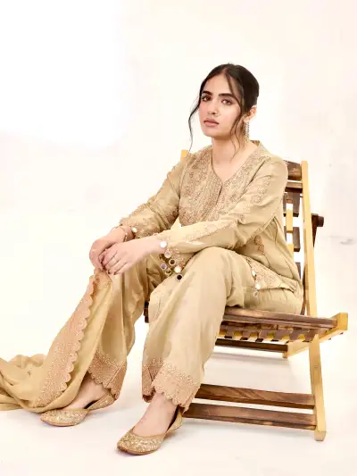 Olive Green Organza Silk Suit Set - 1