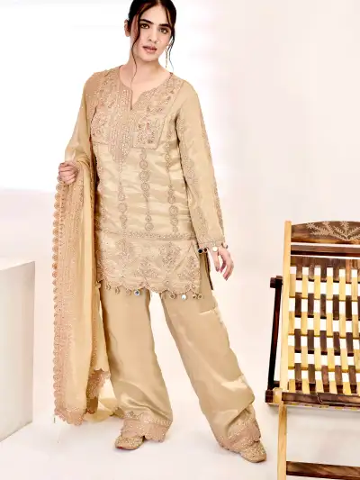 Olive Green Organza Silk Suit Set - 2