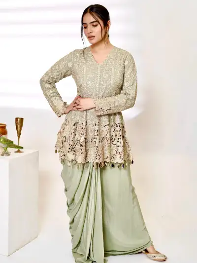 Pastel Green A-Line Short Kurti with Dhoti Set - 1
