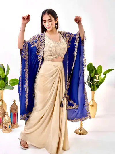 Cream Satin Co-Ord Set with Shrug - 2