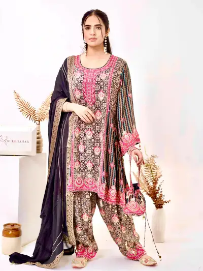 Black Satin Printed Kurti Farshi Suit Set with Dupatta - 1