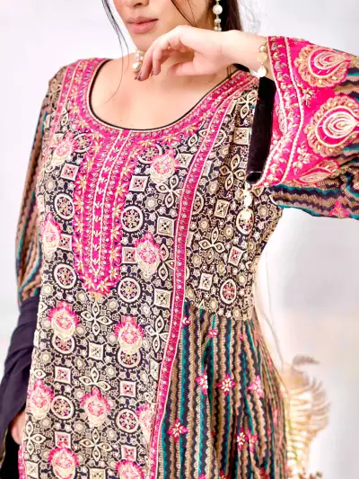 Black Satin Printed Kurti Farshi Suit Set with Dupatta - 2