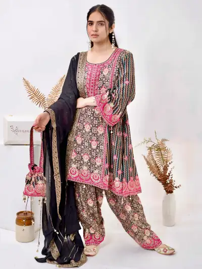 Black Satin Printed Kurti Farshi Suit Set with Dupatta - 5