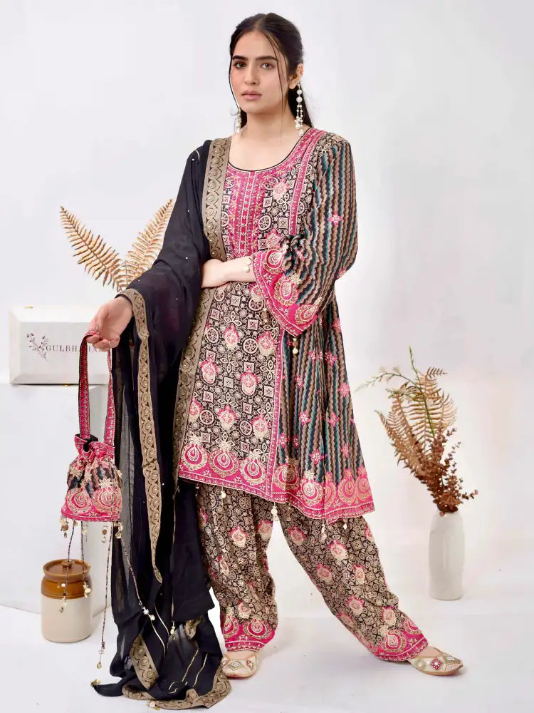 Black Satin Printed Kurti Farshi Suit Set with Dupatta thumbnail 5