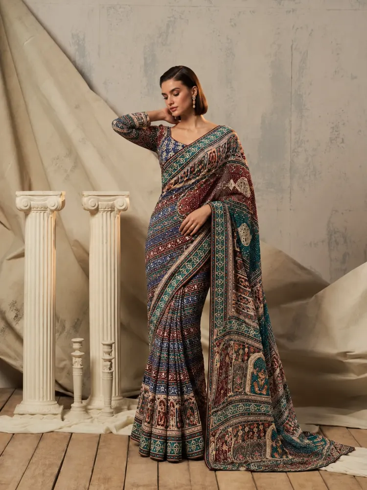 Handcrafted Fusion Chinon Saree-0