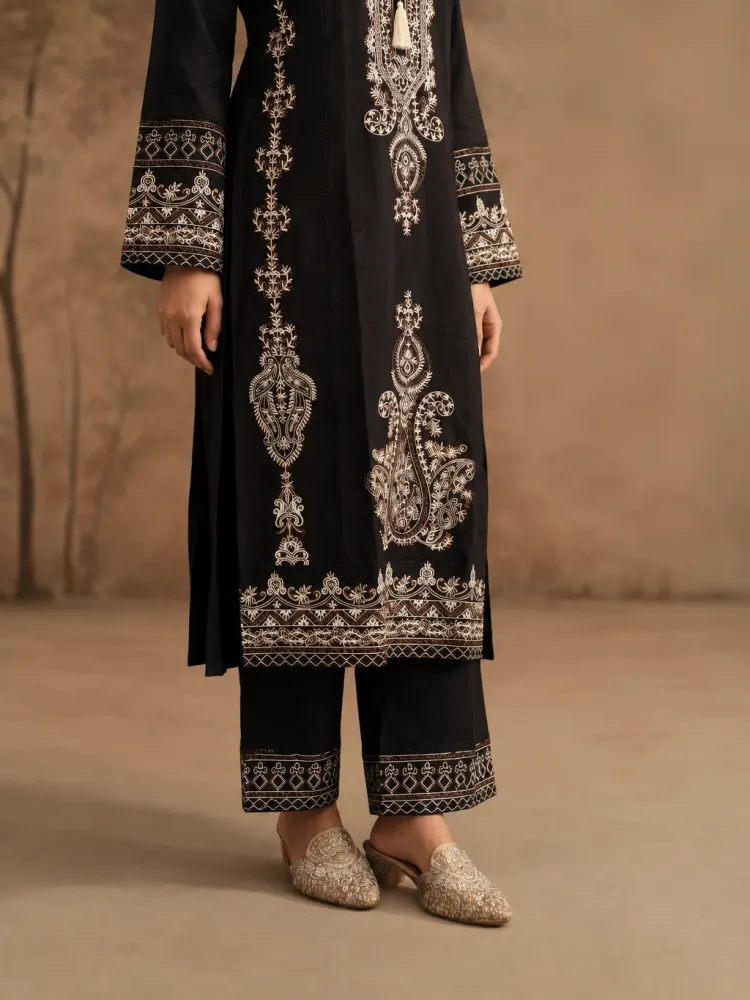 Black Embroidered Cotton Suit-3
