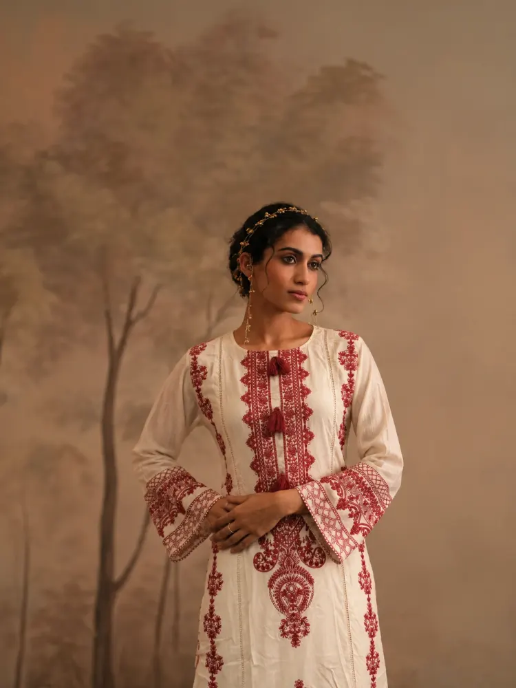 Beige Embroidered Cotton Suit-2