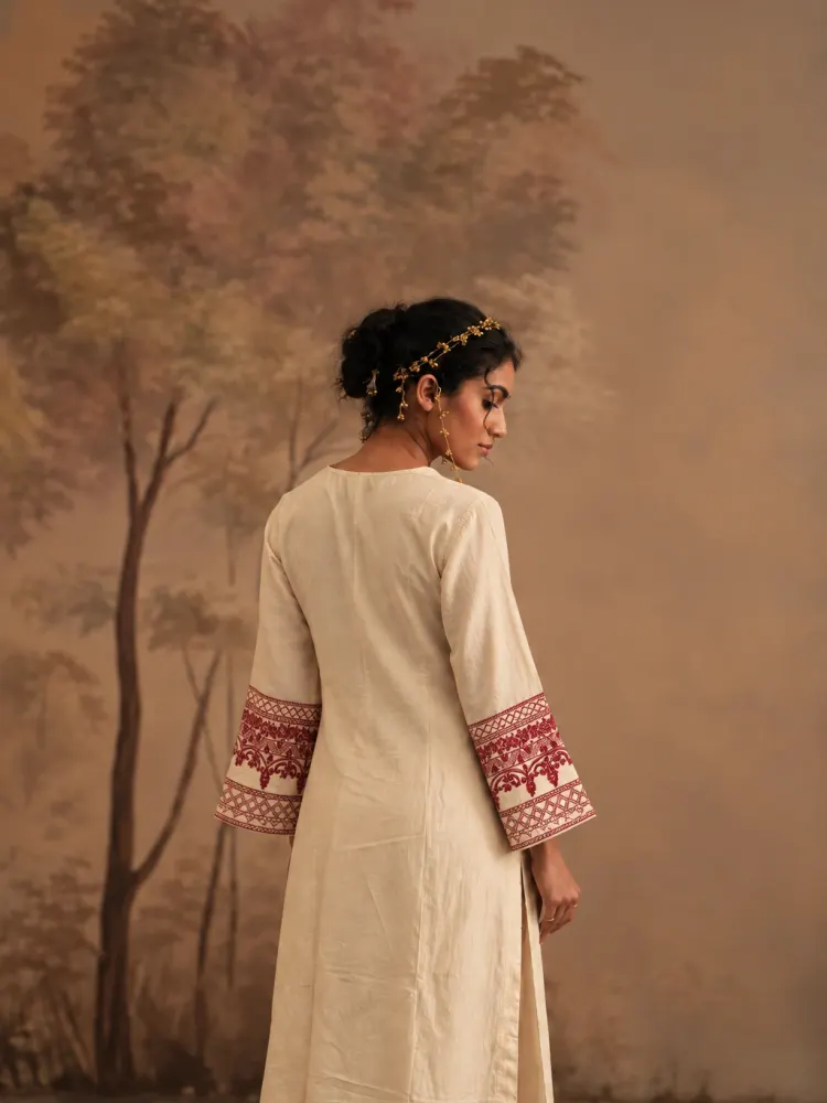 Beige Embroidered Cotton Suit-3