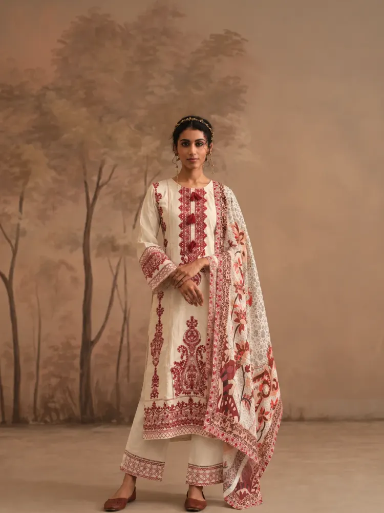 Beige Embroidered Cotton Suit-0