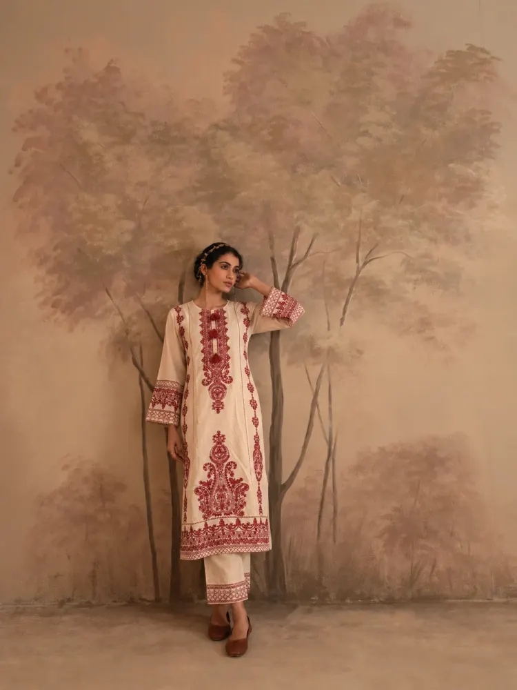 Beige Embroidered Cotton Suit-1