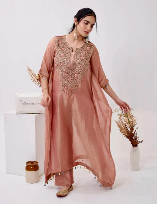 ONION ROSE GOLD KAFTAN KURTI STYLE PALAZZO SET - 1