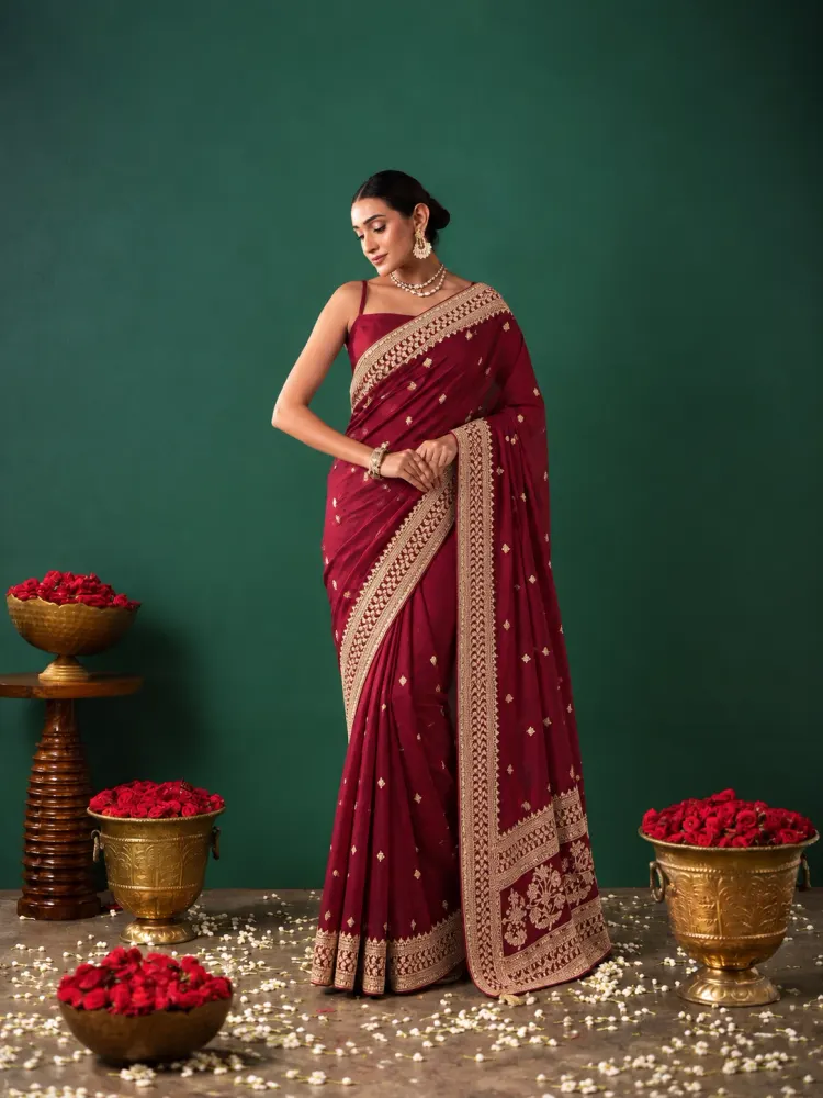 Maroon Dola Silk Bridal Saree-0
