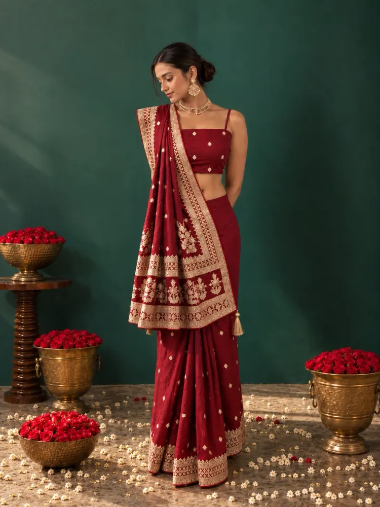 Maroon Dola Silk Bridal Saree-1