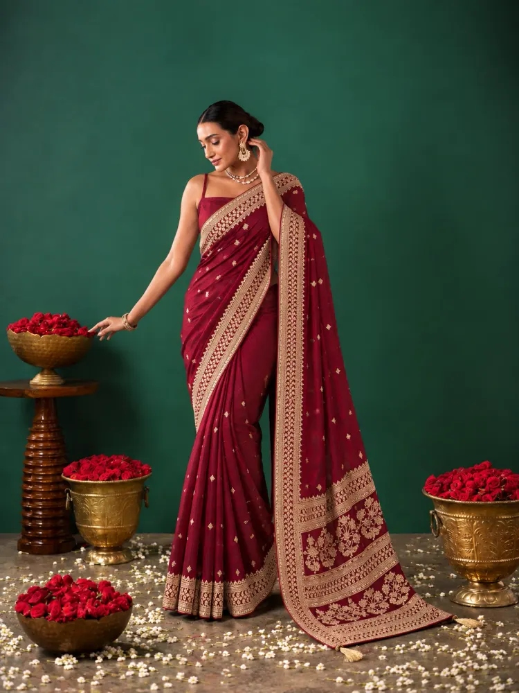 Maroon Dola Silk Bridal Saree-2