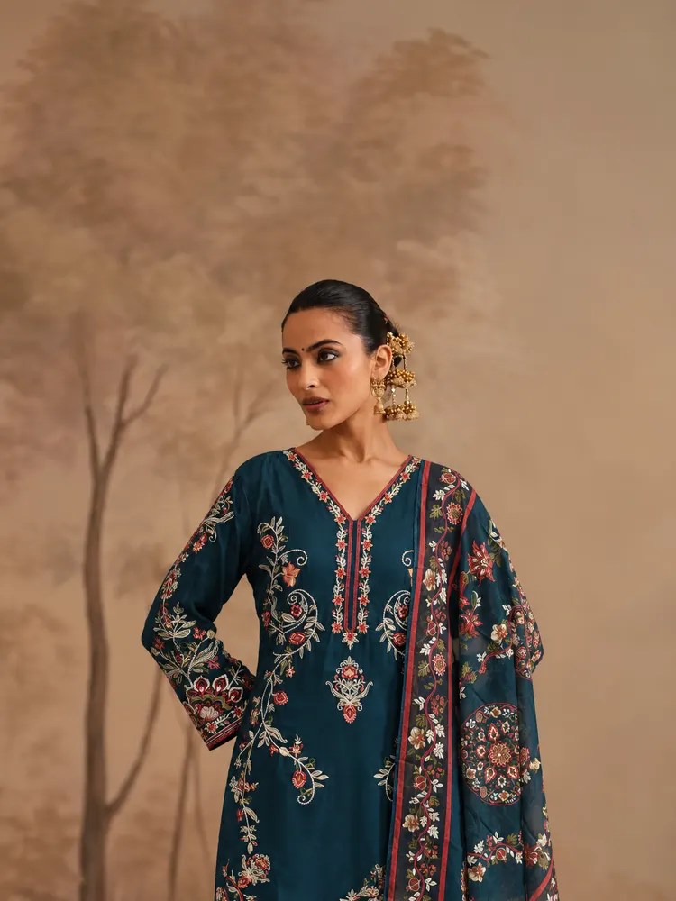 Teal Long Straight Pakistani Suit-0