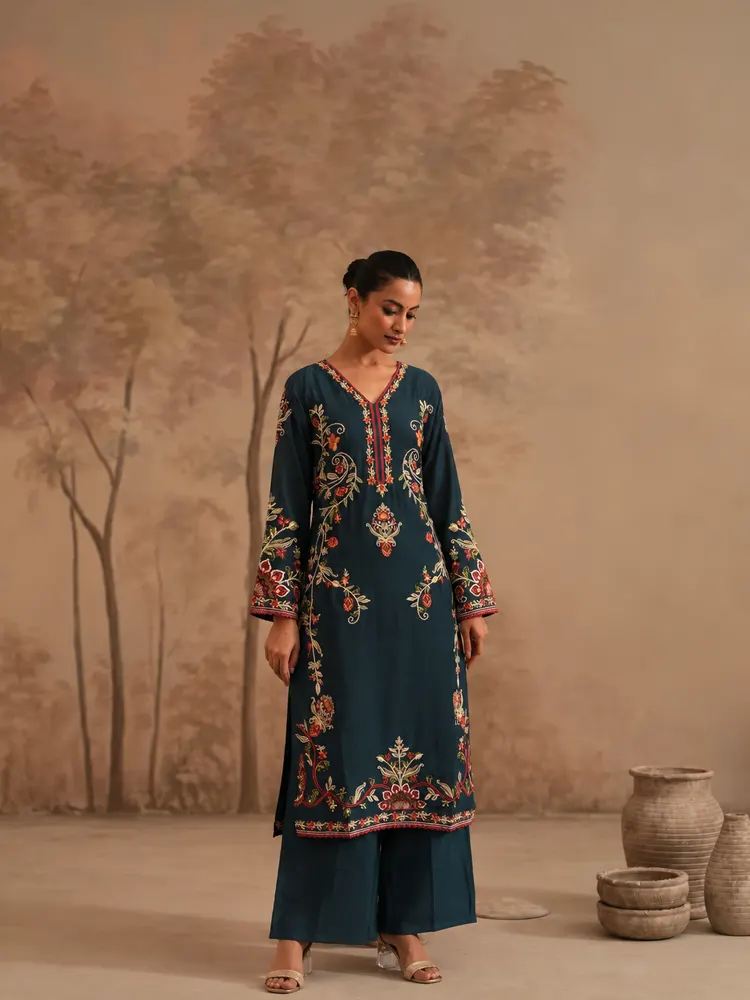 Teal Long Straight Pakistani Suit-3