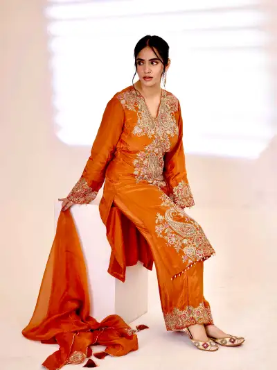 Orange Satin Kurti Set with Dupatta - 1