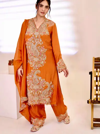 Orange Satin Kurti Set with Dupatta - 2
