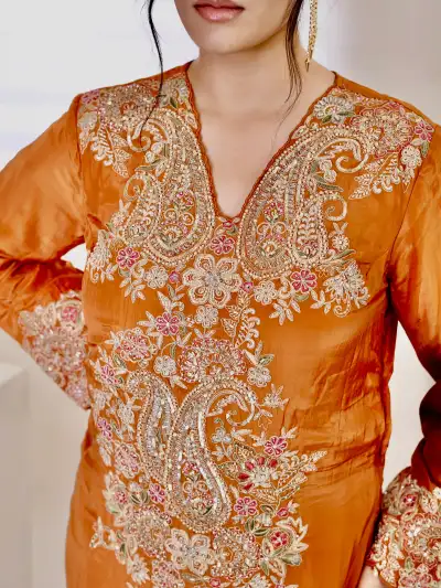 Orange Satin Kurti Set with Dupatta - 3