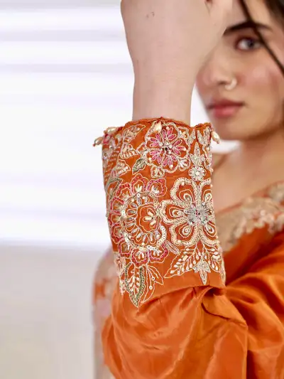 Orange Satin Kurti Set with Dupatta - 4