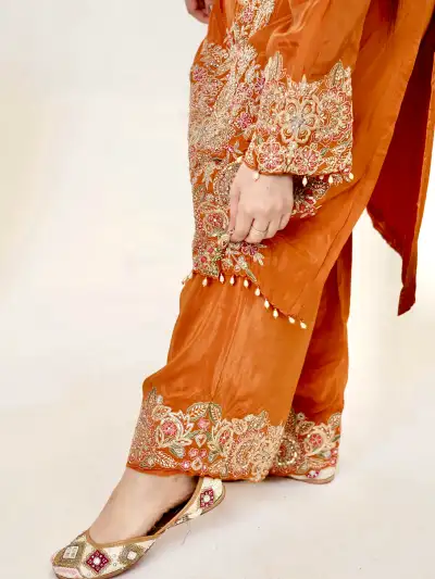 Orange Satin Kurti Set with Dupatta - 5