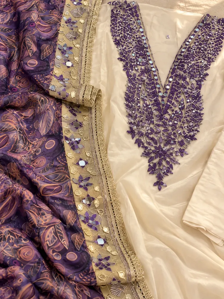 Purple Cream Mirror Work Unstitched Suit-0