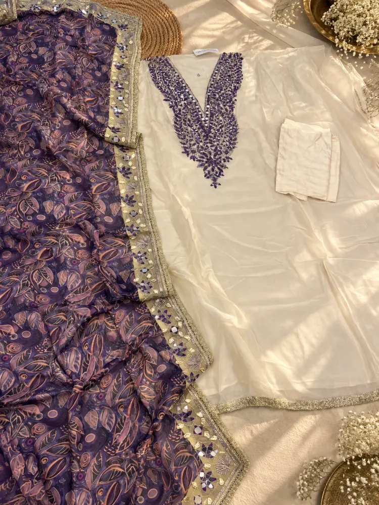 Purple Cream Mirror Work Unstitched Suit-1