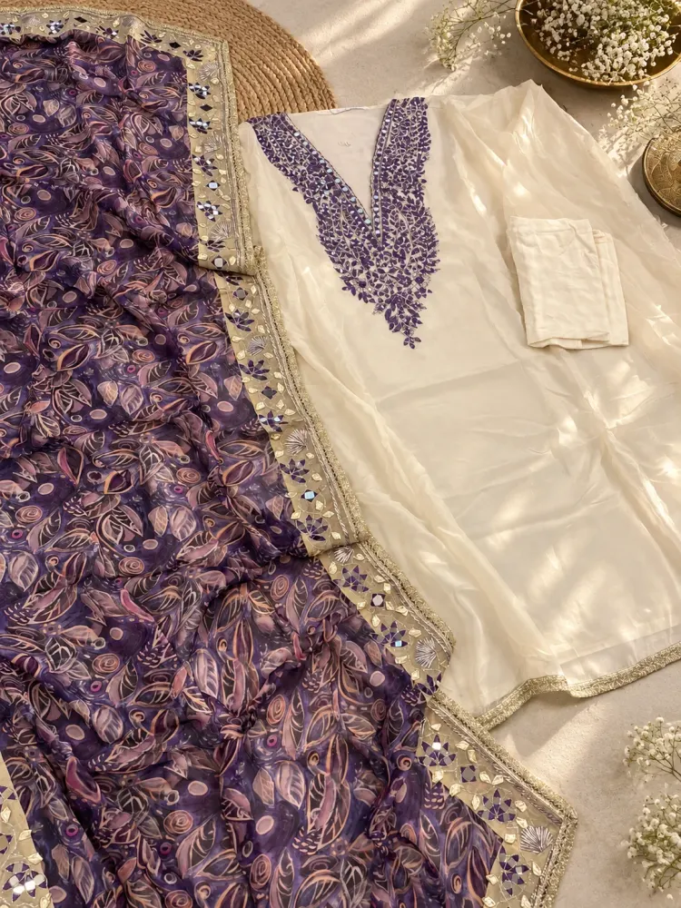 Purple Cream Mirror Work Unstitched Suit-2
