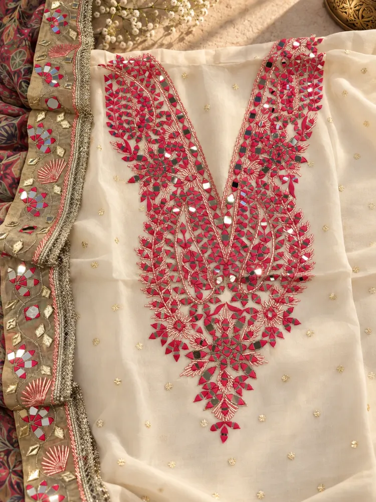 Pink Cream Mirror Work Unstitched Suit-0