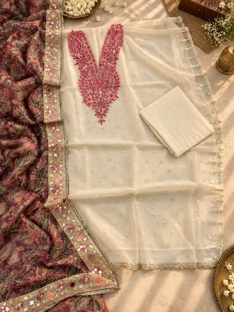 Pink Cream Mirror Work Unstitched Suit-1