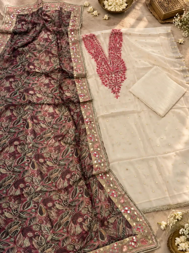 Pink Cream Mirror Work Unstitched Suit-2