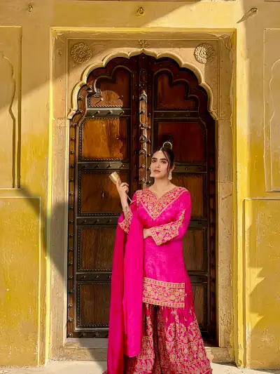 Pink Satin Embroidered Sharara Suit Set - 1