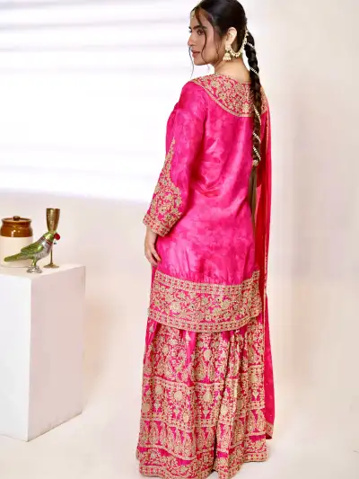 Pink Satin Embroidered Sharara Suit Set - 2
