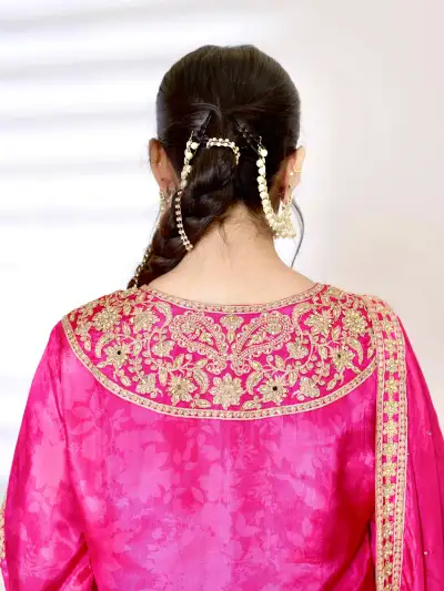 Pink Satin Embroidered Sharara Suit Set - 3