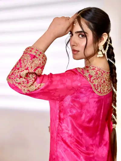 Pink Satin Embroidered Sharara Suit Set - 4