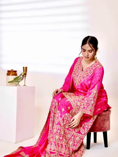 Pink Satin Embroidered Sharara Suit Set - 5