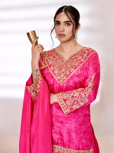 Pink Satin Embroidered Sharara Suit Set - 6