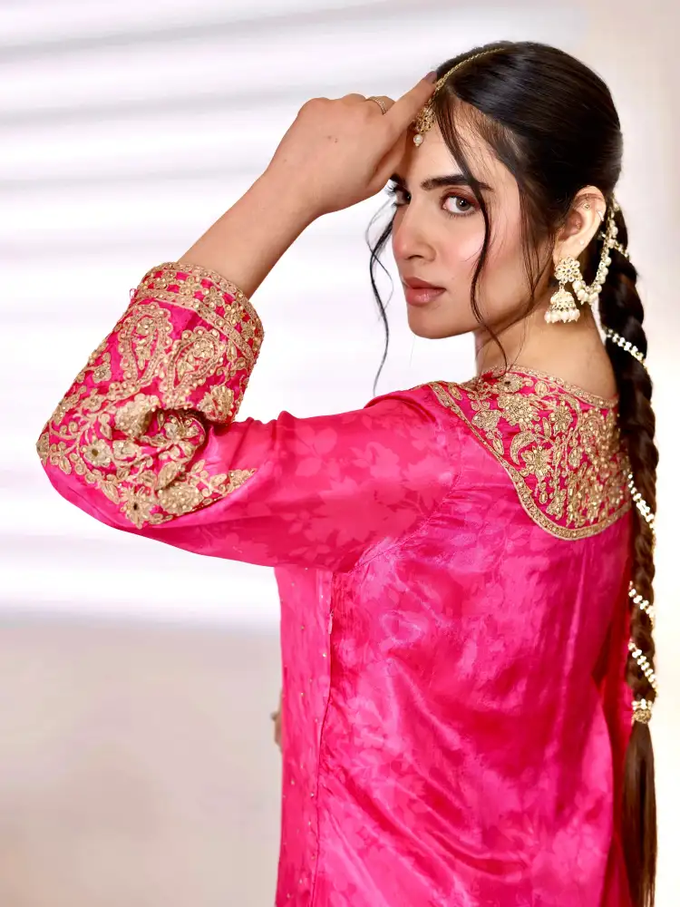 Pink Satin Embroidered Sharara Suit Set thumbnail 4