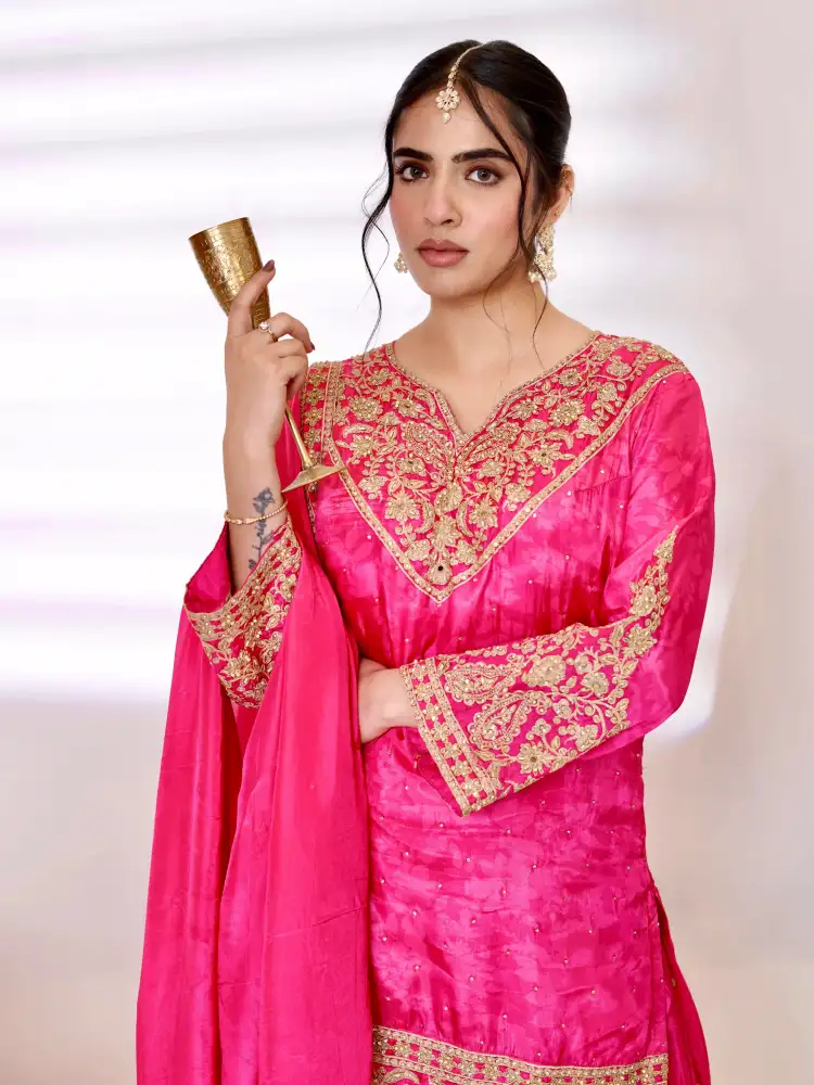 Pink Satin Embroidered Sharara Suit Set thumbnail 6