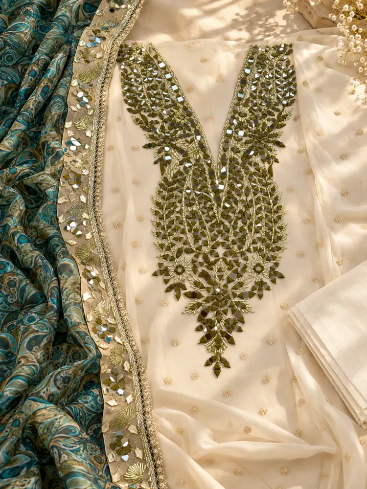 Olive Green Cream Mirror Work Unstitched Suit-1