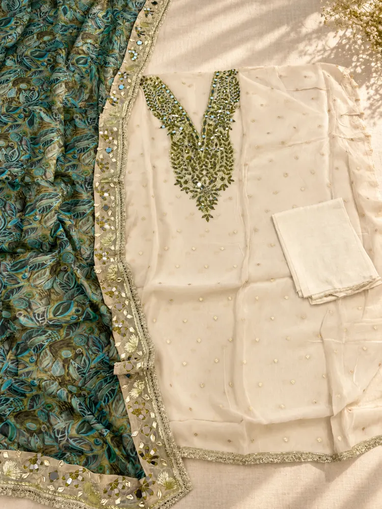 Olive Green Cream Mirror Work Unstitched Suit-2