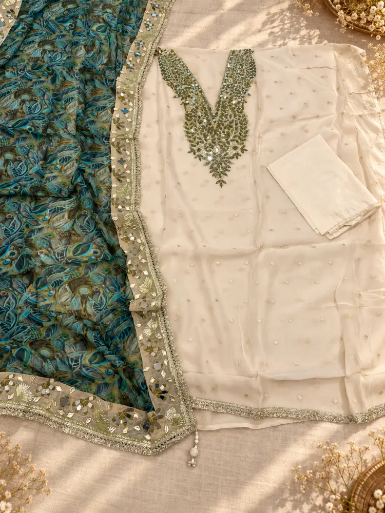 Olive Green Cream Mirror Work Unstitched Suit-3