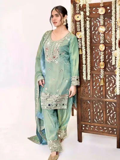 SEA GREEN PATIALA SUIT WITH DUPATTA - 1