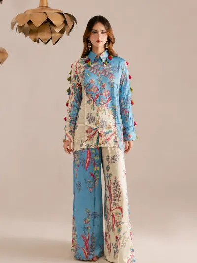 Sky Blue Floral Vacation Co-ord Set-0