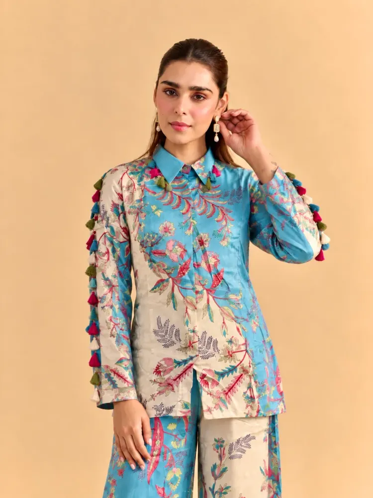 Sky Blue Floral Vacation Co-ord Set-0