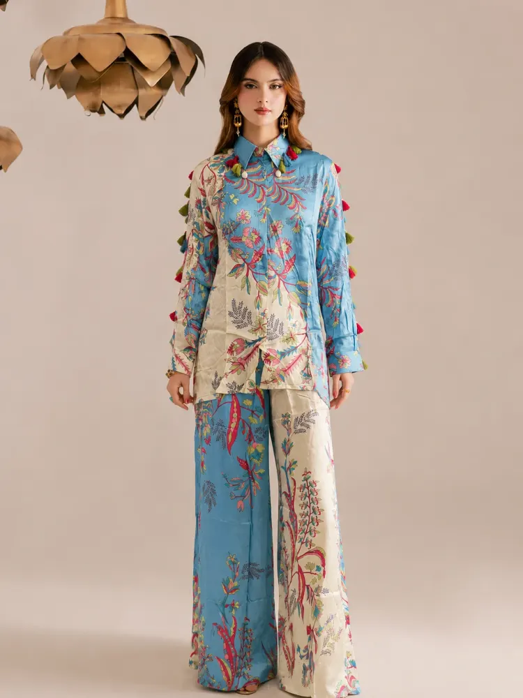 Sky Blue Floral Vacation Co-ord Set-0